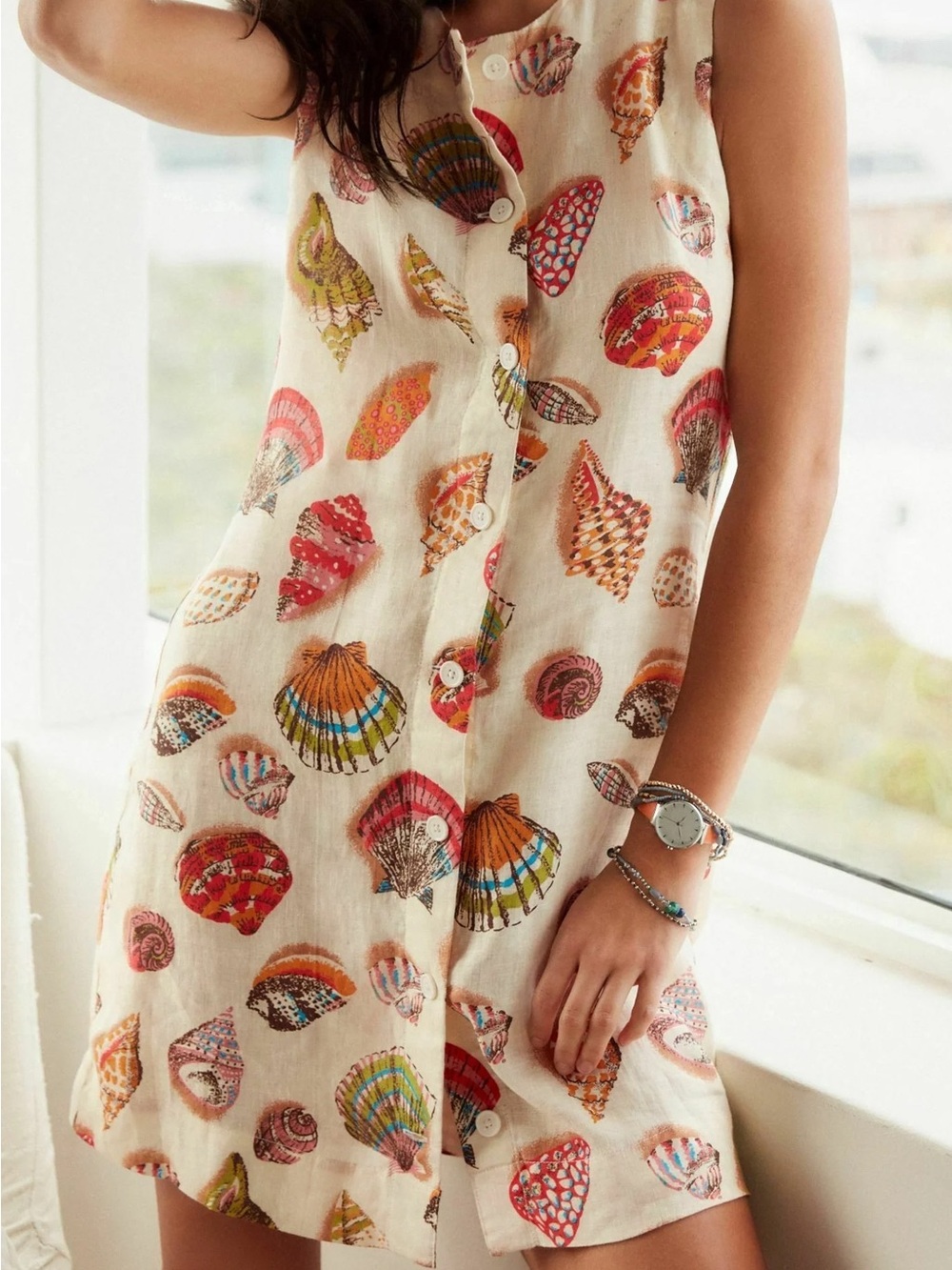 NEXT 100% Linen Sea Shell Print Button-Front Dress NWT